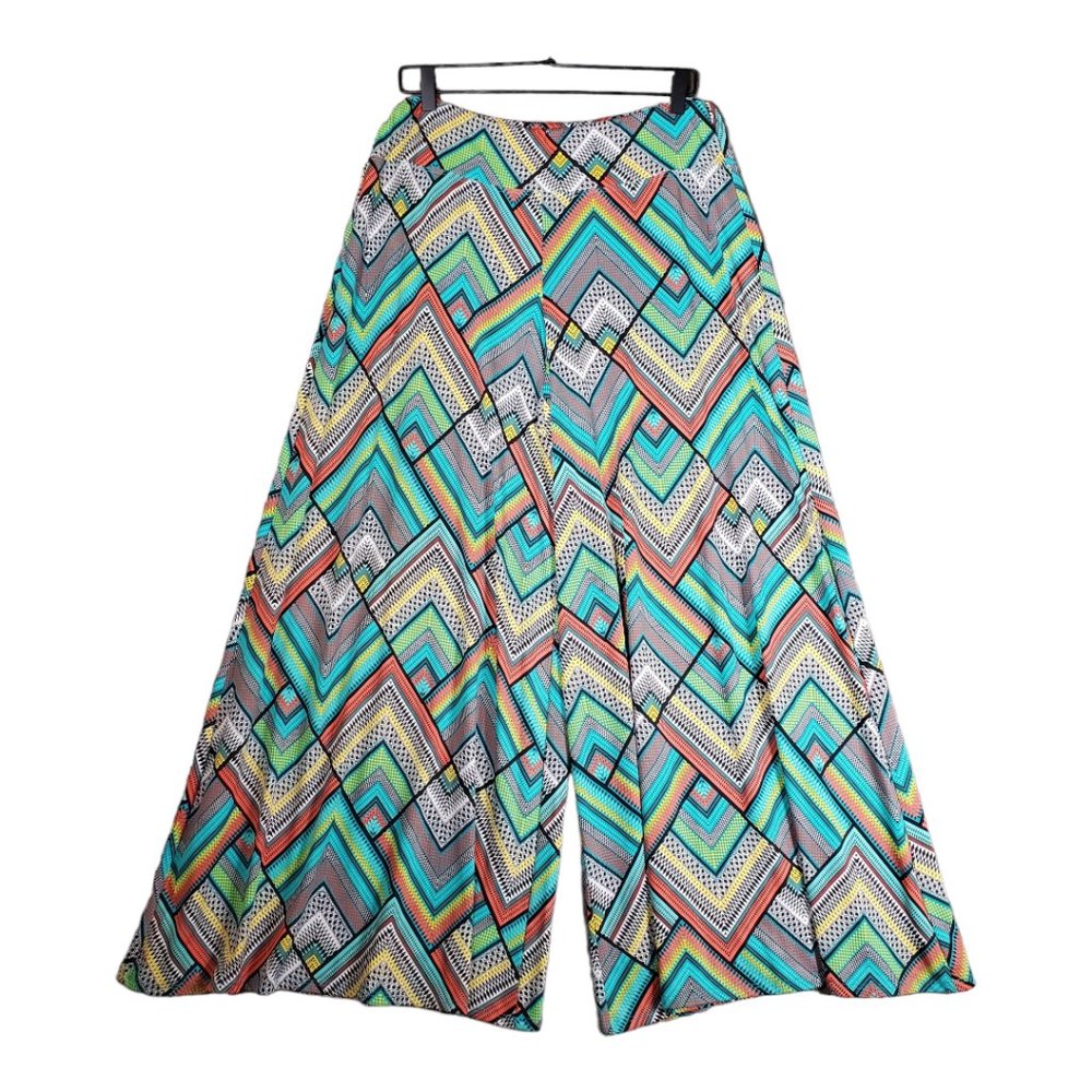 Coco Bianco sz L Palazzo Pants Wide Leg Multi Color Retro Print Aqua Coral Black
